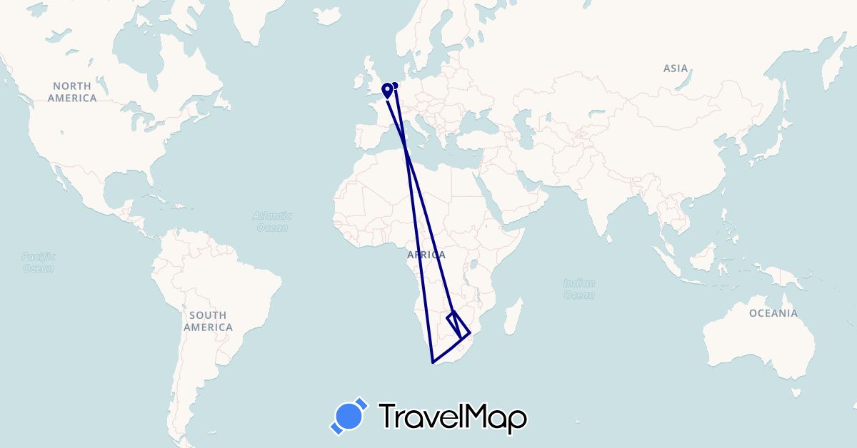 TravelMap itinerary: driving in Botswana, France, Netherlands, South Africa, Zambia (Africa, Europe)